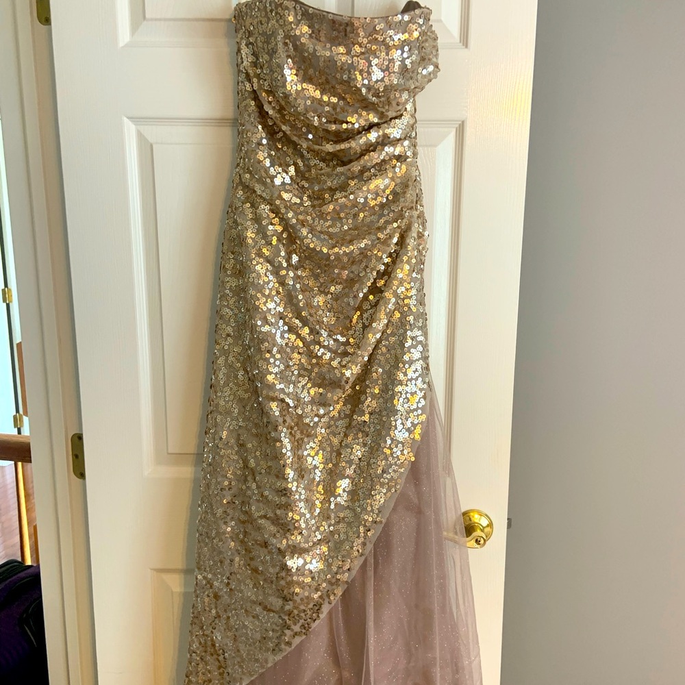 Strapless Gold Sequin Prom Gown